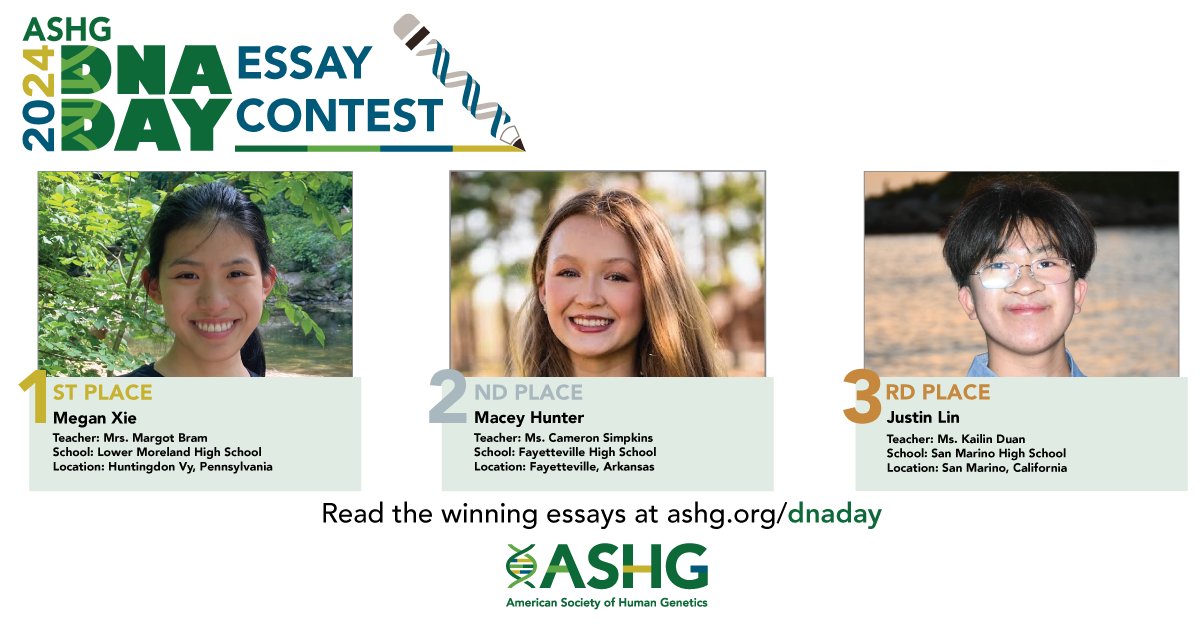 🏆 Congratulations to the winners of the #DNADay24 Essay Contest! Congratulations and Well done to our winners and honorable mentions! Read the winning essays here: ashg.org/dna-day/ #ASHG #HumanGenetics