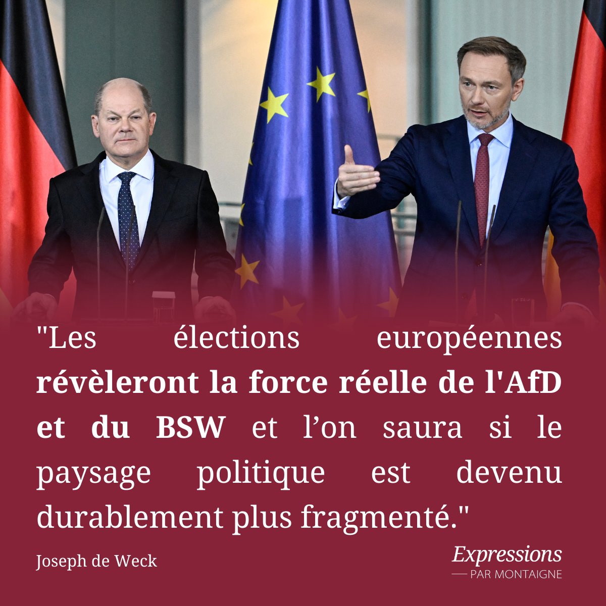 🇪🇺 Les enjeux nationaux du scrutin européen et leurs répercussions sur la politique européenne occupent les esprits en France outre-Rhin. Dans une élection sous tension, quels sont les enjeux pour l’Allemagne ? Analyse de @JosephdeWeck 👉 bit.ly/44bY3pM