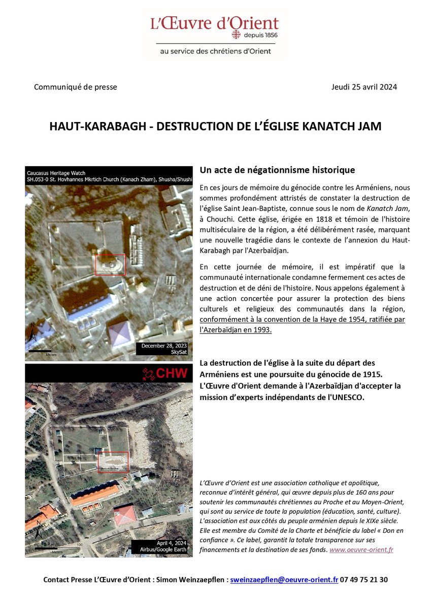 🔴Communiqué de presse : #HautKarabagh : destruction de l'église Kanatch Jam 🔽