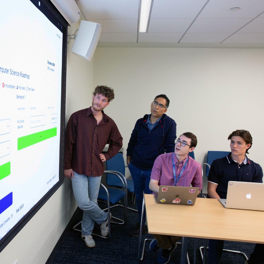 Computer Science students, Camron Walsh, Jared Russell, and Ian Cioppa have developed an innovative app, the Advising Roadmap, to transform academic advising. Join us on May 9 at 1 p.m. in Houghton Hall Room 258 to meet the creators, explore the software, and enjoy refreshments!