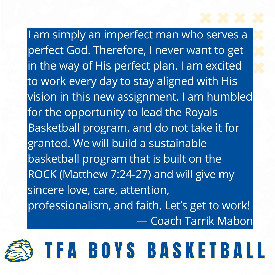 TFA_Athletics's tweet photo. The First Academy is excited to announce Coach Tarrik Mabon as the 6th Head Boys Basketball Coach in program history. 

Please join us in welcoming Coach Mabon and his family to TFA! 

#RoyalsBasketball 
#GoRoyals https://t.co/8p32kArtAA