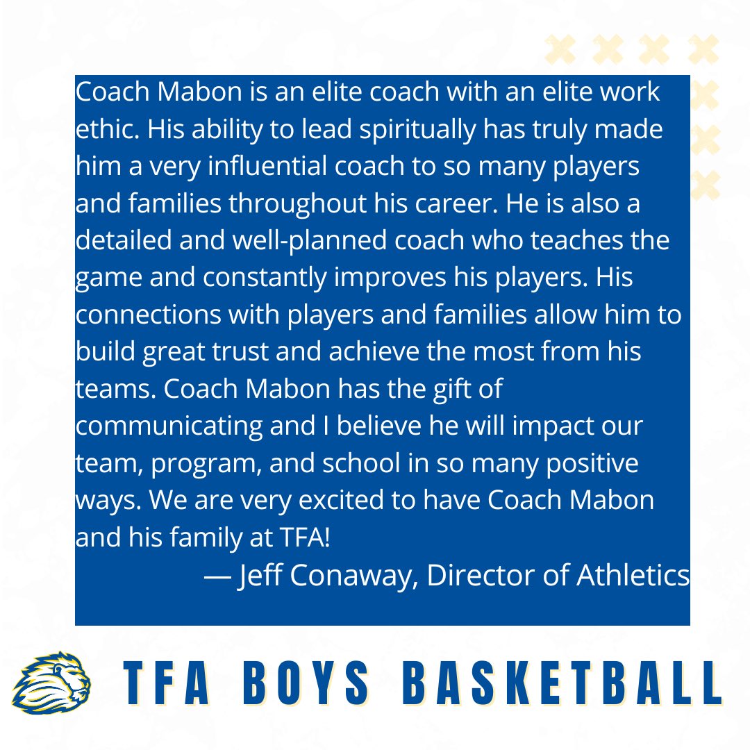TFA_Athletics's tweet photo. The First Academy is excited to announce Coach Tarrik Mabon as the 6th Head Boys Basketball Coach in program history. 

Please join us in welcoming Coach Mabon and his family to TFA! 

#RoyalsBasketball 
#GoRoyals https://t.co/8p32kArtAA
