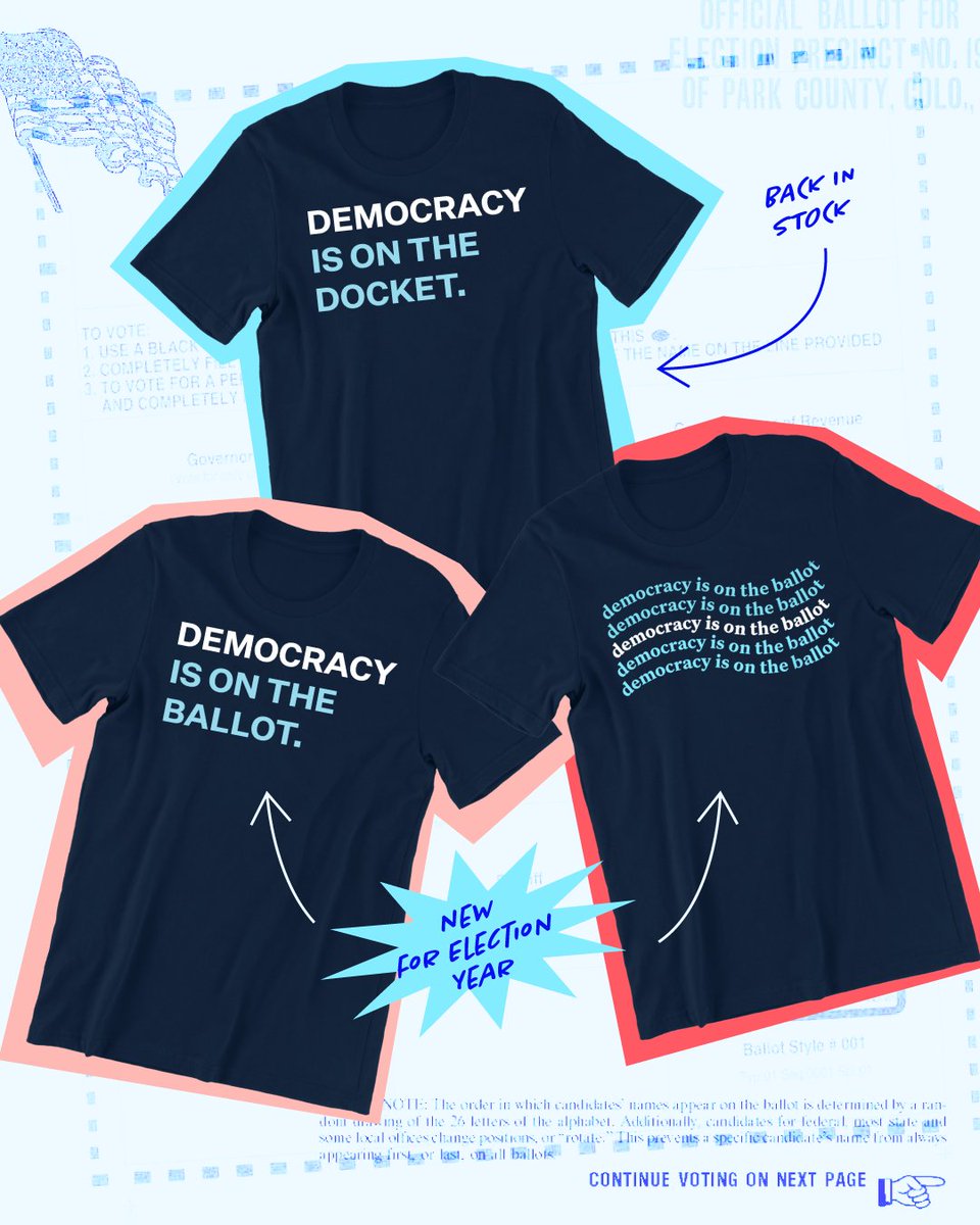 Democracy is on the docket AND ballot this election year. Help get out the vote by shopping our union-made t-shirts! 🔗: store.democracydocket.com/collections/de…