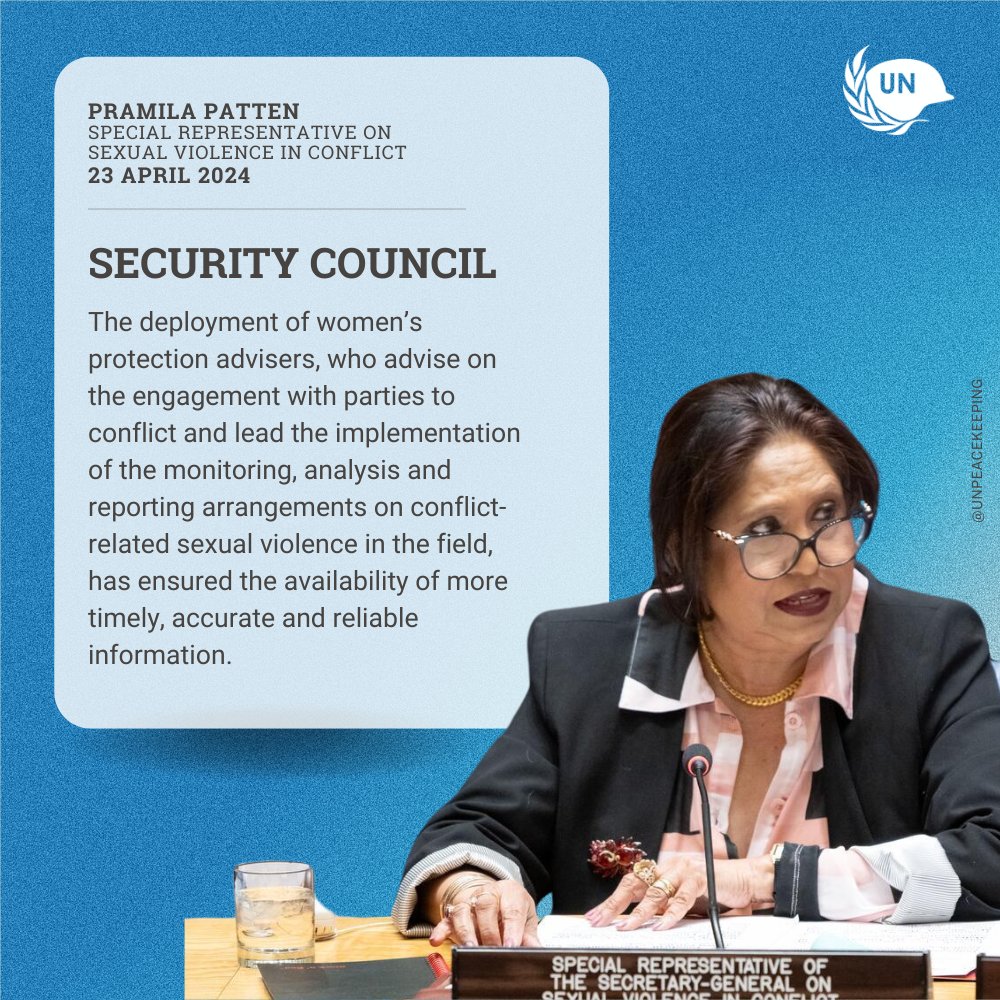 Calling on #UNSC leaders to silence the guns, SRSG Patten @endrapeinwar said support is needed for strong mandates that boost protection & information-gathering.

Women Protection advisers are deployed in @MONUSCO, @UN_CAR & @unmissmedia.

Read her report: tinyurl.com/2akttbp4