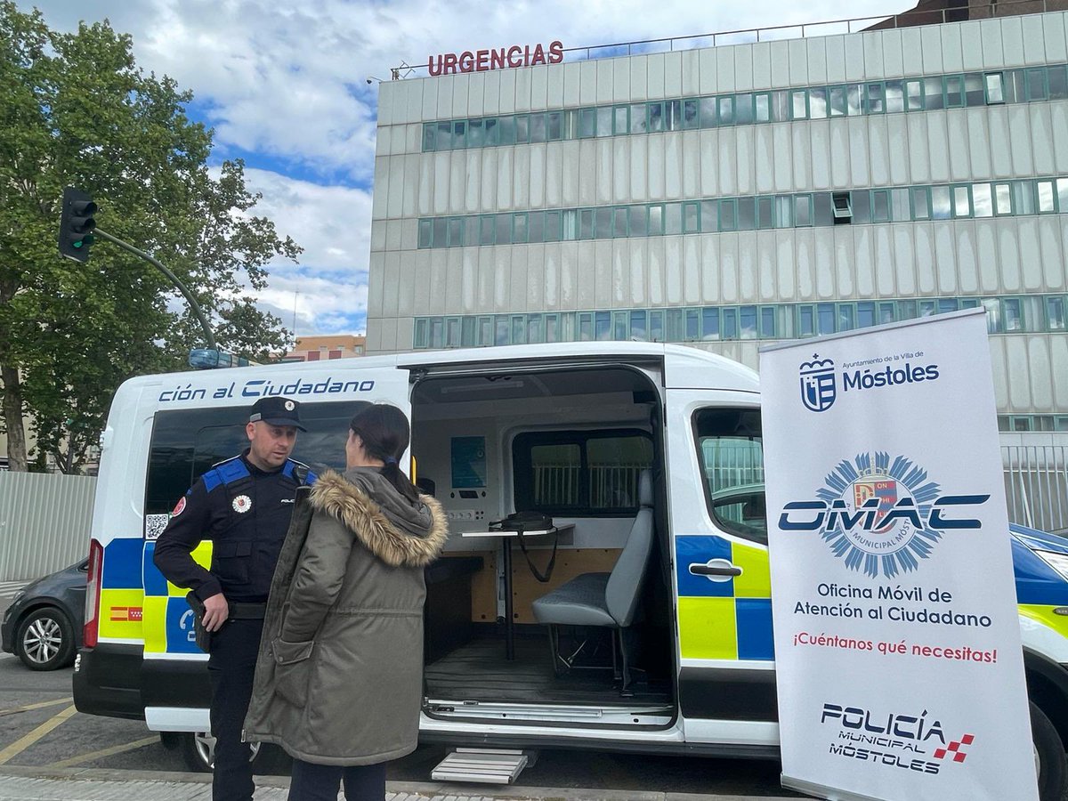 Estamos con nuestra oficina móvil 🚐 en la calle Luis Montes, frente al Hospital 🏥 hasta las ⏰ 20:00 horas. #SeguridadVecinal #SeguridadCiudadana #Móstoles #OMAC