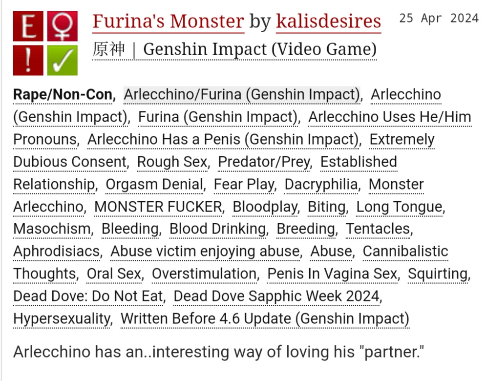 catgirlkali's tweet photo. Furina's Monster
arlecchino/furina
3.9k words
tags: explicit 🔞 biting, bloodplay, rough sex, monsterfucking etc.

late day 6 entry of @deaddovesapphic's #ddsapphicweek2024: fantasy

https://t.co/LX2YAolrKj https://t.co/CSKpSub3TX