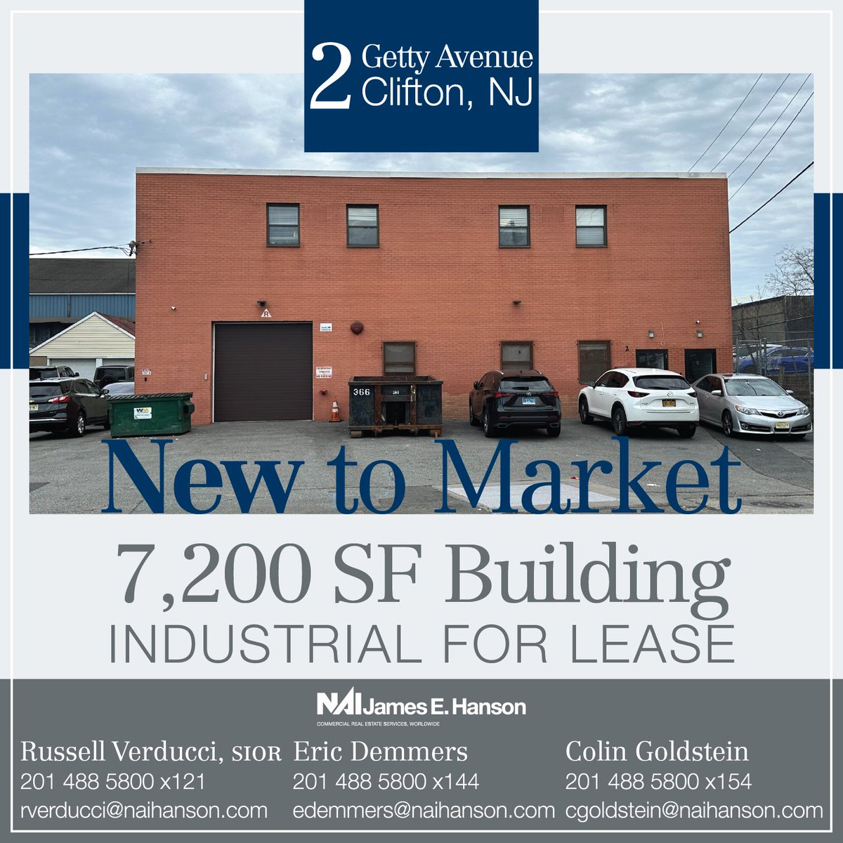 NEW! 🌟 7,200 SF #Industrial building in #CliftonNJ for lease. 2 Getty offers a 1,300 SF office, 15' ceiling height, 2 drive-ins, 9 parking spaces & more. View Brochure: bit.ly/49LQbN2 & contact Russell, Eric & Colin at #naihanson for more details!