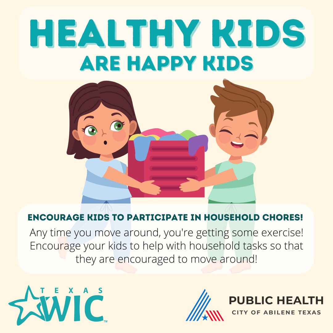 Folding laundry, cleaning up toys, and even helping in the kitchen can encourage your kids to move around and be active! #AbileneWIC #TexasWIC #HealthandWellness #HealthyHabits #ATCPHD