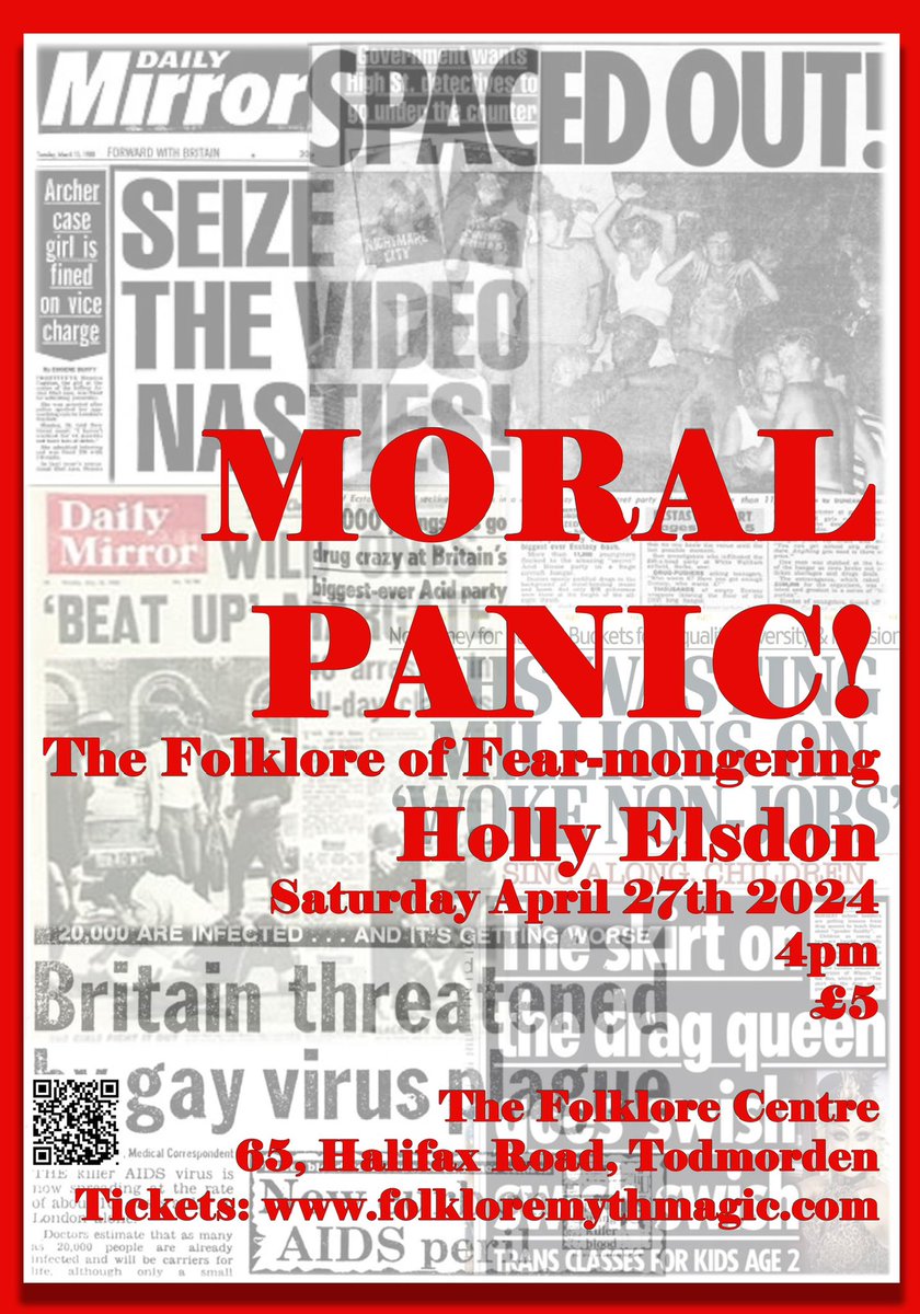 This Saturday MORAL PANIC! Taking the current anti-trans panic as a starting point, we’ll be tracing the role of rumour, contemporary legend and conspiracy theory in stoking this and previous moral panics, showing how they’re all inextricably linked. folkloremythmagic.com/event-details/…