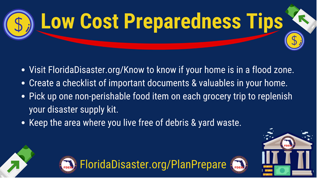 Preparedness doesn't have to be expensive because information is free! Visit FloridaDisaster.org/Guide for our 2024 Florida Hurricane Season guide & find more low-cost preparedness tips below ⤵️