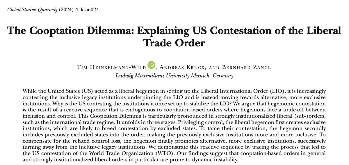 Why do hegemons withdraw from the orders they created? Andreas Kruck, Bernhard Zangl & I argue in @GSQ_Journal that in cooptation-based orders hegemons face a trade-off between inclusion and control that drives their dissatisfaction over time: doi.org/10.1093/isagsq… #openaccess