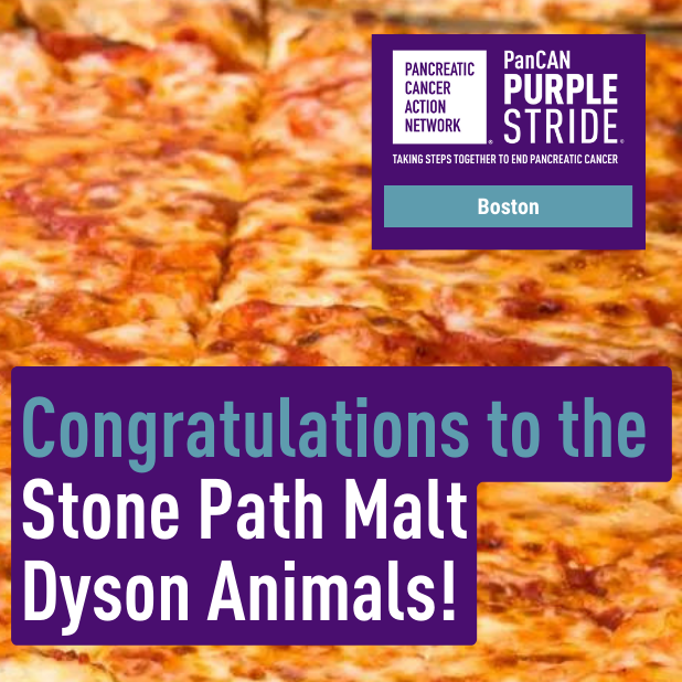 Congratulations to Ali Smith's team, the Stone Path Malt Dyson Animals, the winner of the last team challenge as the random team drawn from 48 teams that raised $500+ from April 13th through April 22nd🍕! #pancanpurplestride