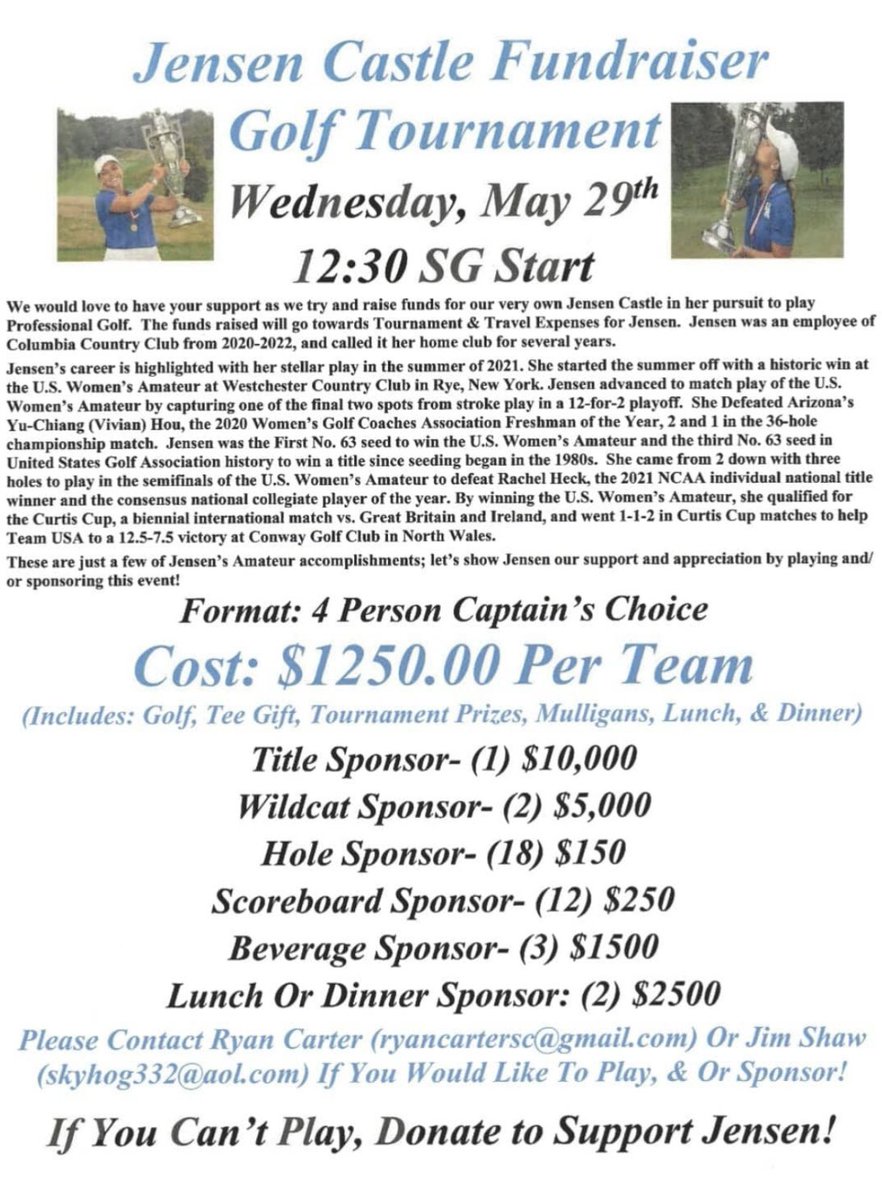 The Jensen Castle Fundraiser Golf Tournment is coming quick! Let's come together to support Jensen on Wednesday, May 29th! See flyer below for details on Jensen's story and how we can support her in her persuit to play professional golf.