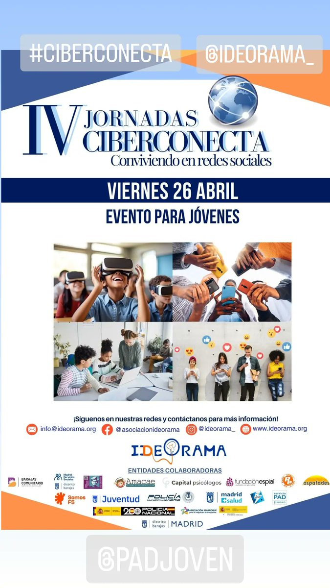 Mañana <a href="/PADJoven_/">@PADJoven</a>  <a href="/ContrapartidaLa/">La Contrapartida</a>  estaremos en las IV Jornadas Ciberconecta en #Barajas #prevencióndeadicciones #pantallas #TIC <a href="/Ideorama/">Asociación Ideorama💡</a>