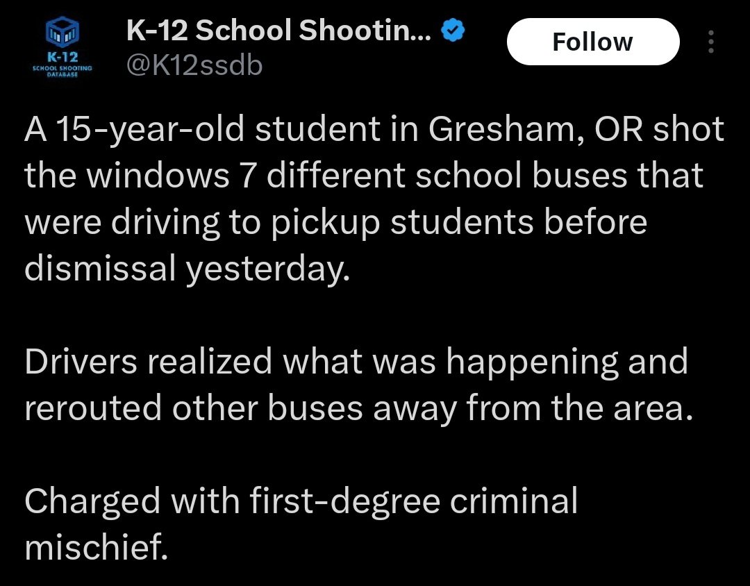 The suspected shooter used a pellet gun

That seemingly critical detail was left out of this @K12ssdb post

While still dangerous it is not the 'a bunch of kids' were nearly killed' story that K12 wanted readers to infer

Exclusion of important facts is the same as lying