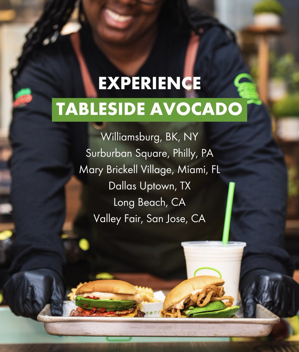Calling all avocado lovers 🥑💚   Add avocado to a burger or sandwich in-Shack for a Tableside Avocado experience at select Shacks 4/25 and 4/26.   Chat with our Avocado Experts and select your own avocado to be sliced and served!