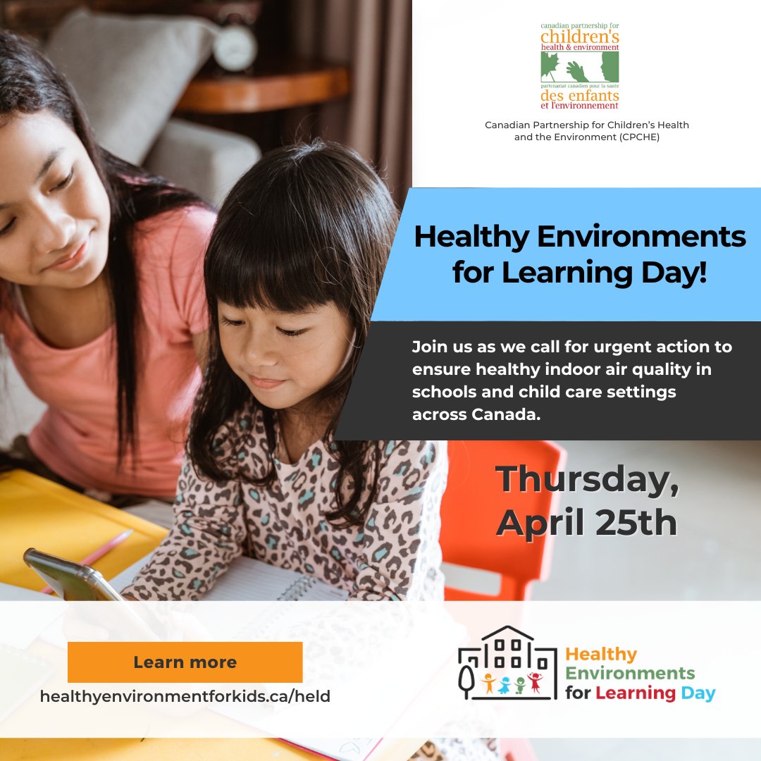 Today is Healthy Environments for Learning Day!! Join us to call for urgent action to ensure healthy indoor air quality for all children in Canada. Collective Call for Action: healthyenvironmentforkids.ca/held/2024-camp… Environmental Scan of IAQ Support Programs: healthyenvironmentforkids.ca/held/2024-camp…