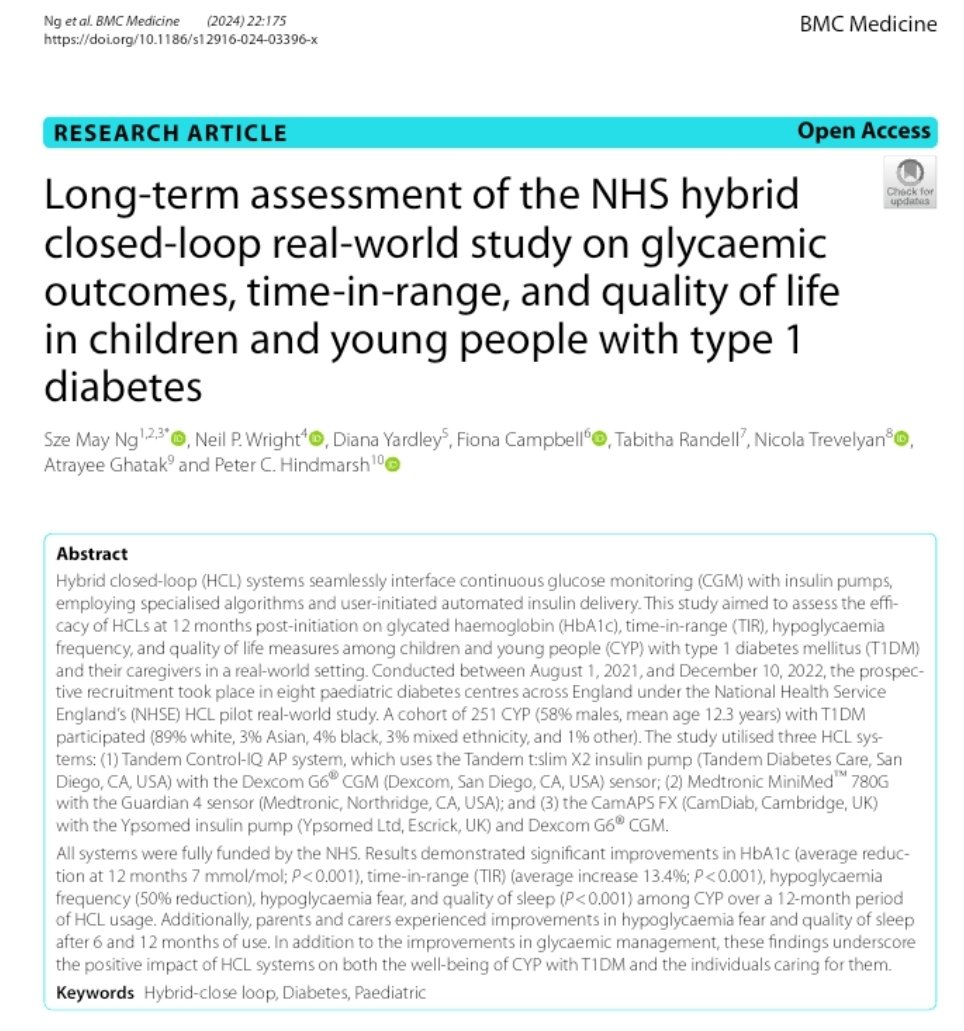 The #NHS England #ClosedLoop Study in Children &amp; Young People with #T1D represents a ground-breaking initiative, marking the first nationwide pilot effort to extend universal health coverage for #HCL systems.  12 month outcomes reported-Open Access here⬇️
link.springer.com/article/10.118…