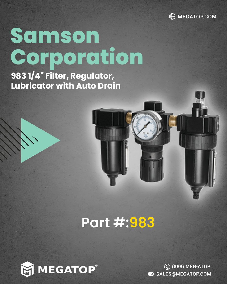 Introducing Samson Corporation 983 1/4' Filter, Regulator, Lubricator with Auto Drain for pneumatic systems. Ensures clean air, precise pressure, and optimal lubrication, enhancing equipment performance.

Explore at megatop.com.

#FilterRegulatorLubricator #Pneumatics