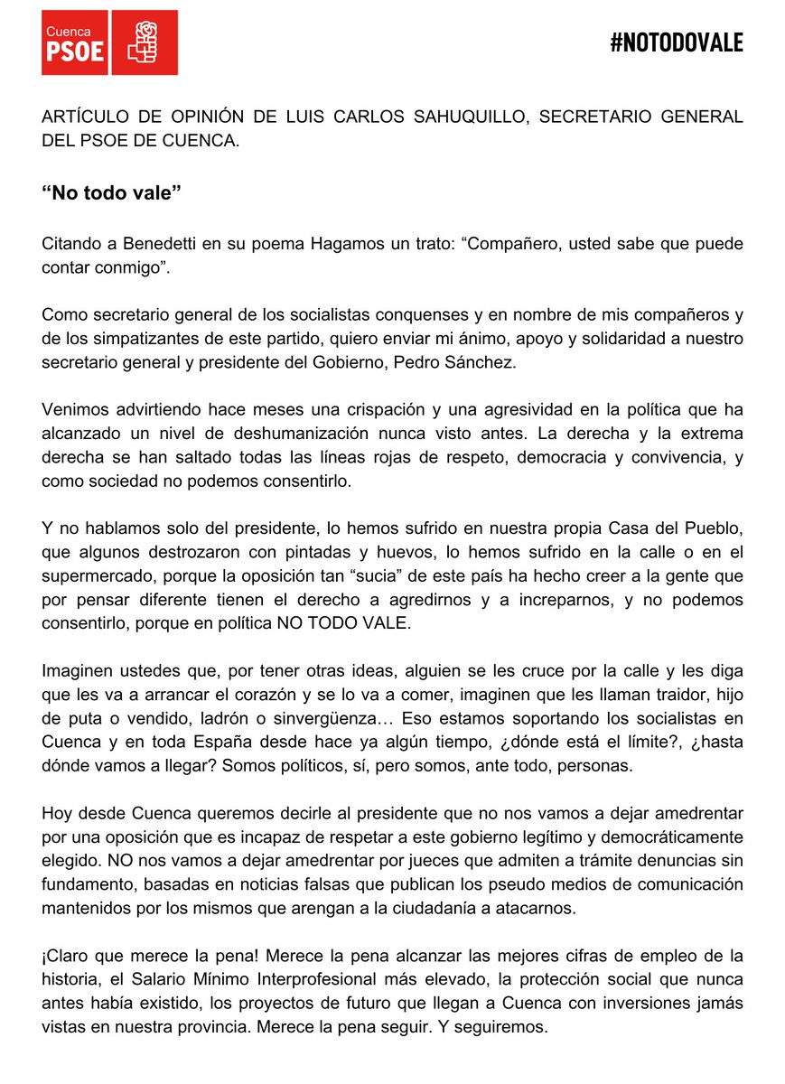 “No todo vale” Artículo de opinión del secretario general del PSOE de Cuenca, Luis Carlos Sahuquillo. “Compañero, usted sabe que puede contar conmigo” (Mario Benedetti) 🔗 psoecuenca.org/?p=728