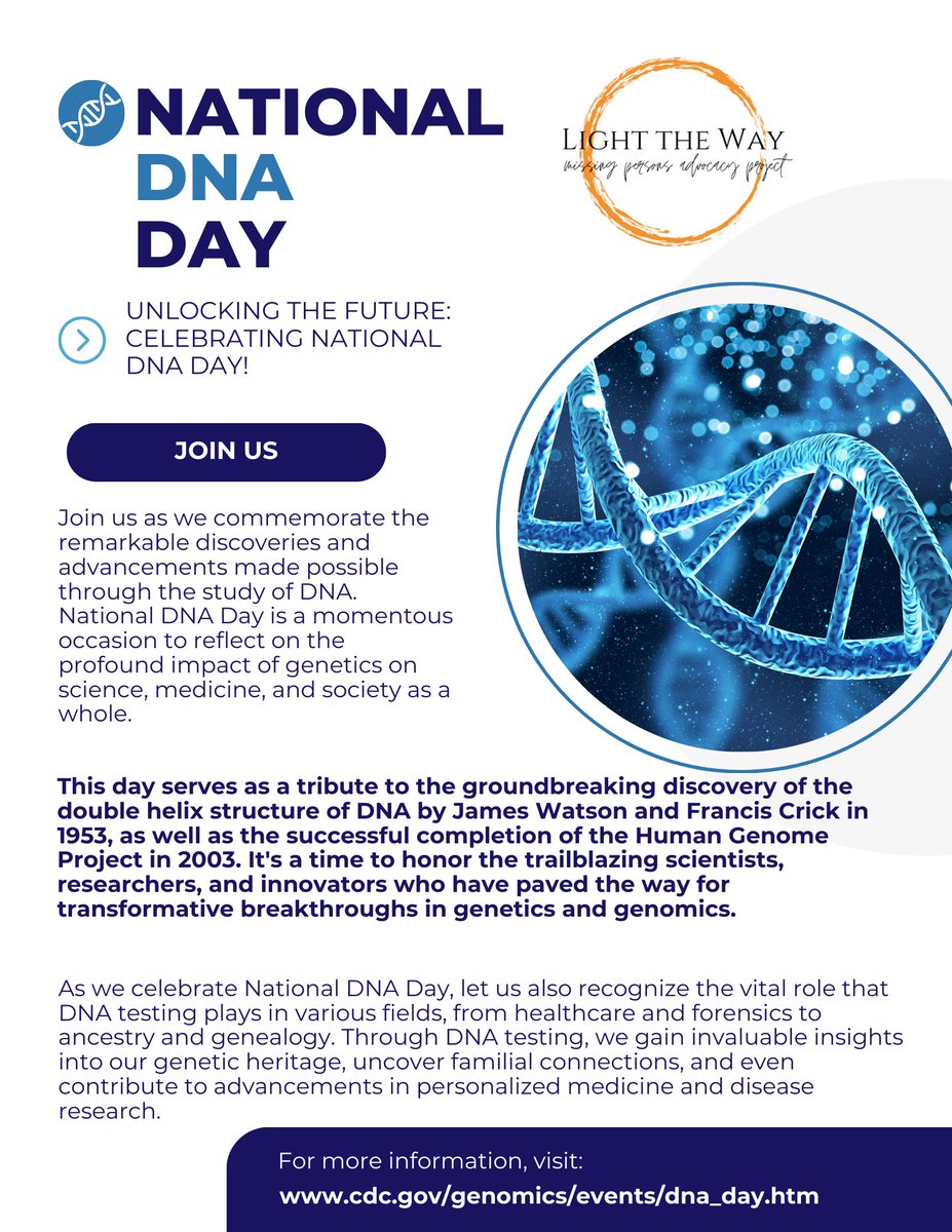 Today is #NationalDNADay 🧬

To learn more about what DNA is, how it was discovered and the impact genetics has on science, medicine and our society please visit the link below!

cdc.gov/genomics/event…