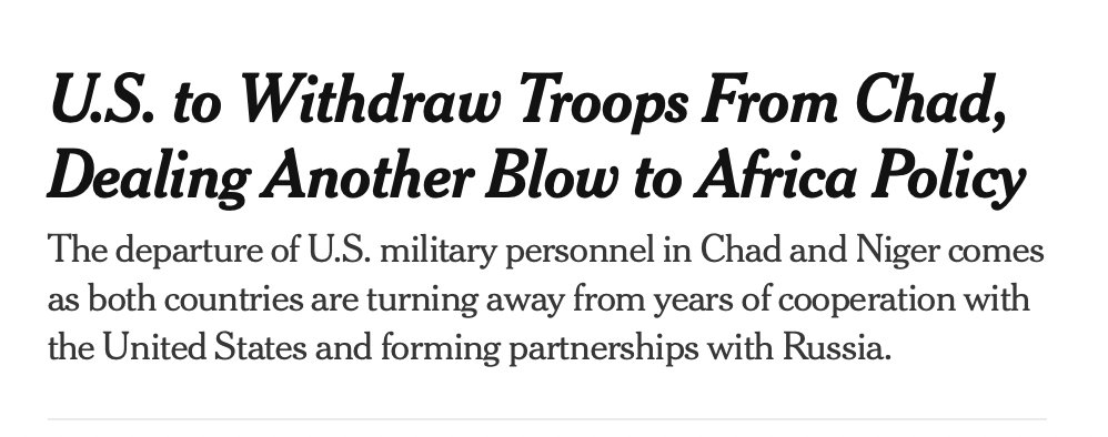 Breaking: The U.S. military will draw down troops in Chad — the second African nation to ask the U.S. military to leave in recent weeks. nytimes.com/2024/04/25/us/…