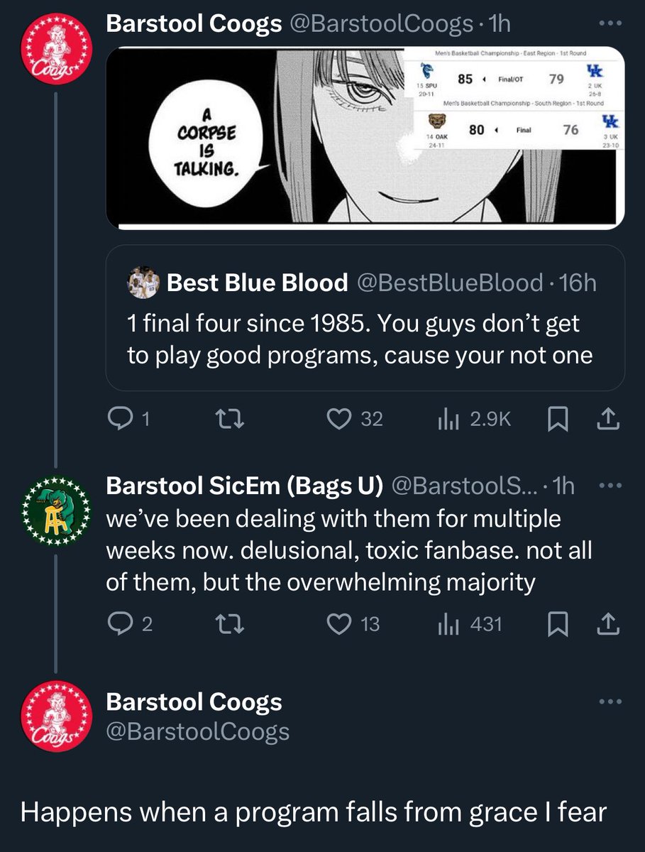 BarstoolUK's tweet photo. Bench players talking like starters right now @BarstoolSicEm @BarstoolCoogs https://t.co/cjgDbMcVya