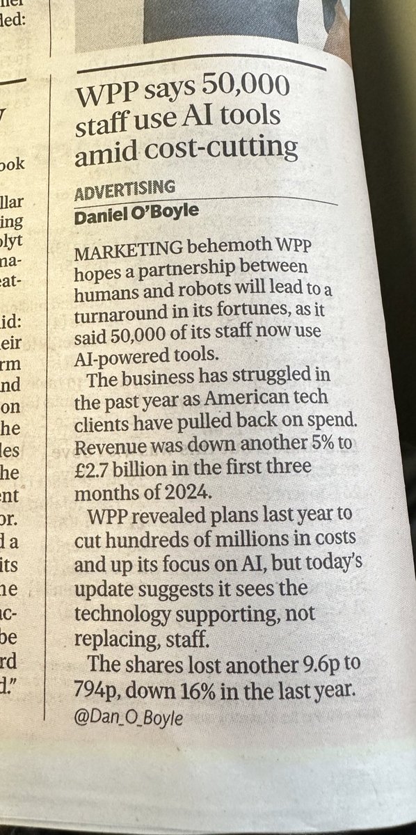 Well done WPP for getting a news story out about AI supporting staff, not replacing (from the Evening Standard in London)