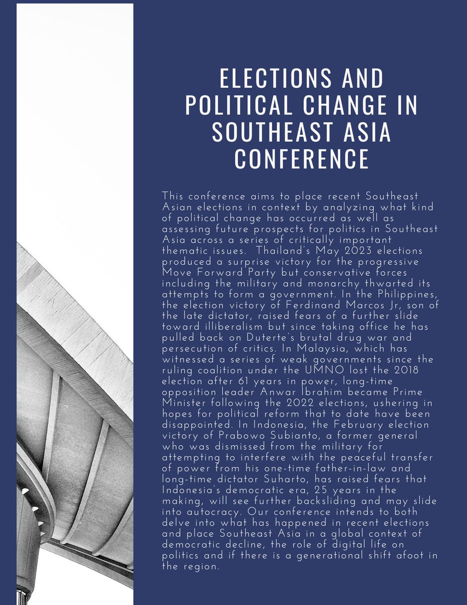 NYSEA_network's tweet photo. 📣 Attention enthusiasts of Southeast Asian politics! 📣  

There is still time to register for NYSEAN's conference on "Elections and Political Change in Southeast Asia Conference" at NYU! Join us this Friday, April 26th: https://t.co/pJt21Sim5k https://t.co/CDWe9gs9QF
