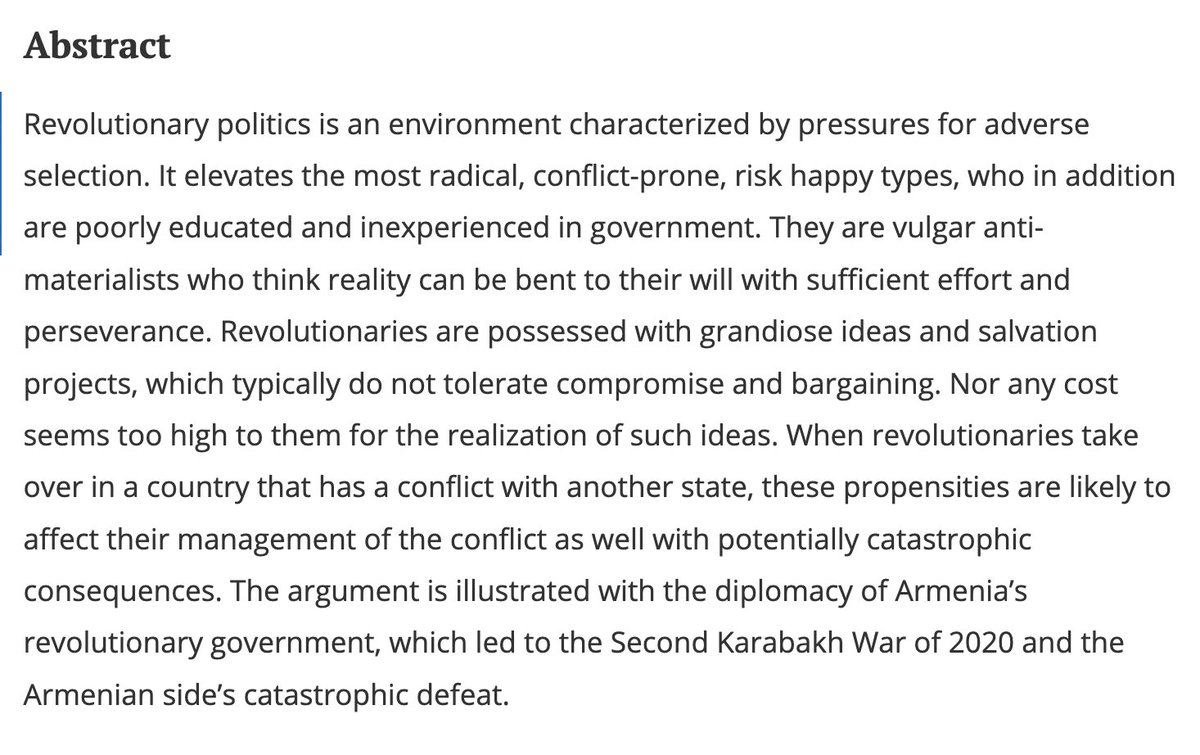 Security Studies (@secstudies_jrnl) on Twitter photo New article: "Revolutionary Governments, Recklessness, and War: The Case of the Second Karabakh War," by <a href="/Arm__Grig/">Arman Grigoryan</a>.
tandfonline.com/doi/full/10.10… New article: "Revolutionary Governments, Recklessness, and War: The Case of the Second Karabakh War," by <a href="/Arm__Grig/">Arman Grigoryan</a>.
tandfonline.com/doi/full/10.10…