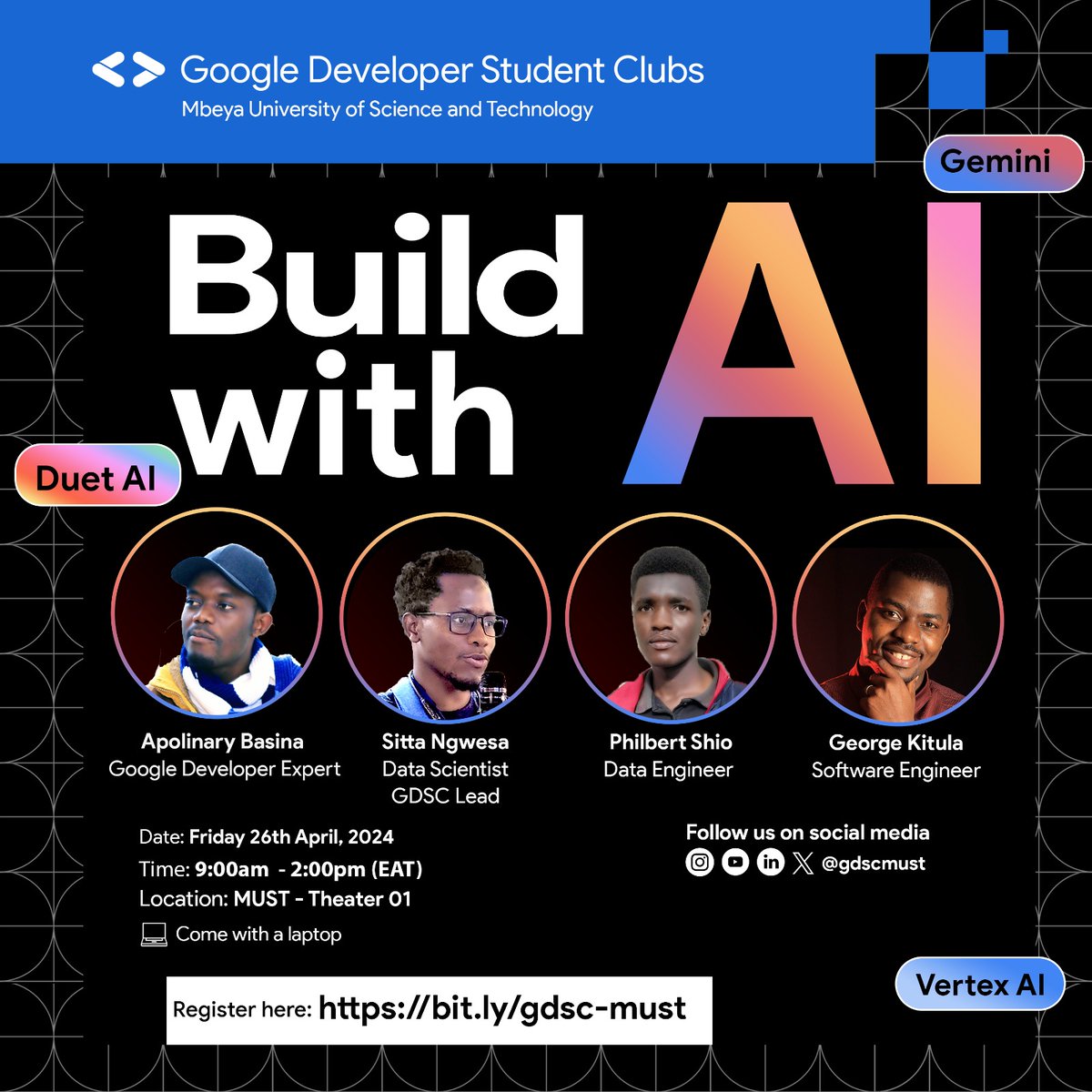 Join us at Build with AI in the exciting world of Artificial Intelligence! It also offers networking opportunities, sharing ideas, and collaboration on projects and experiments using Google’s latest AI/ML tools.   bit.ly/gdsc-must

#BuildwithAI #developerstudentclubs #gdsc