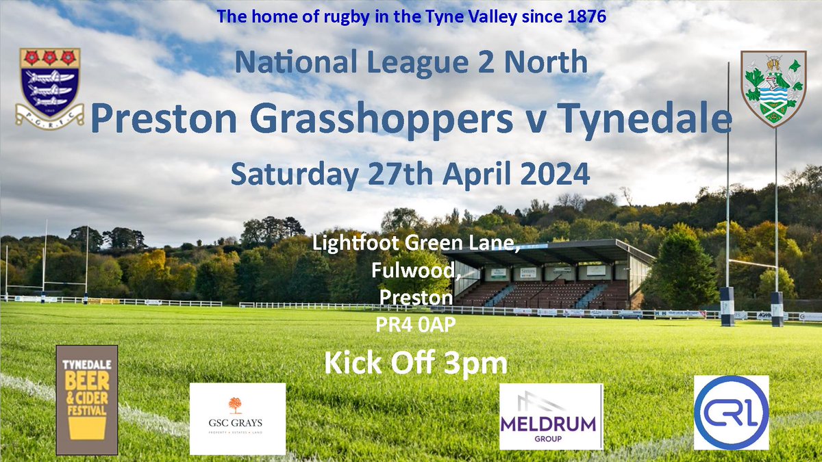 Well we are here! The final match of the season and we go south-west to play Preston Grasshoppers who beat us in the opening match of the season - both sides scoring 6 tries!! Why not take a short drive down the M6 to support the lads. 'Come on Tyyyyyne' tynedalerfc.co.uk/news/preston-g…