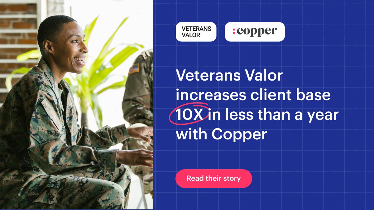 CopperInc's tweet image. VA consulting firm, Veterans Valor grows 600% in 10 months using Copper. 🚀 

Read their story 👇
bit.ly/3xOFyvE

#consultingtechnology #consultingcrm #consultingtools #coppercrm