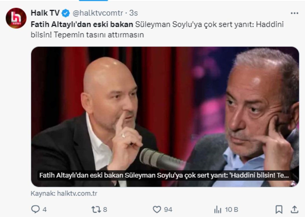 Sn.sız Fatih Altaylı, Sizin, Sn. Süleyman Soylu’nun kesip attığı tırnak dahi olamayacağınızı düşünüyorum!!! Yoksa sizde mi bu aralar çayları DEM’li içmeye başladınız???