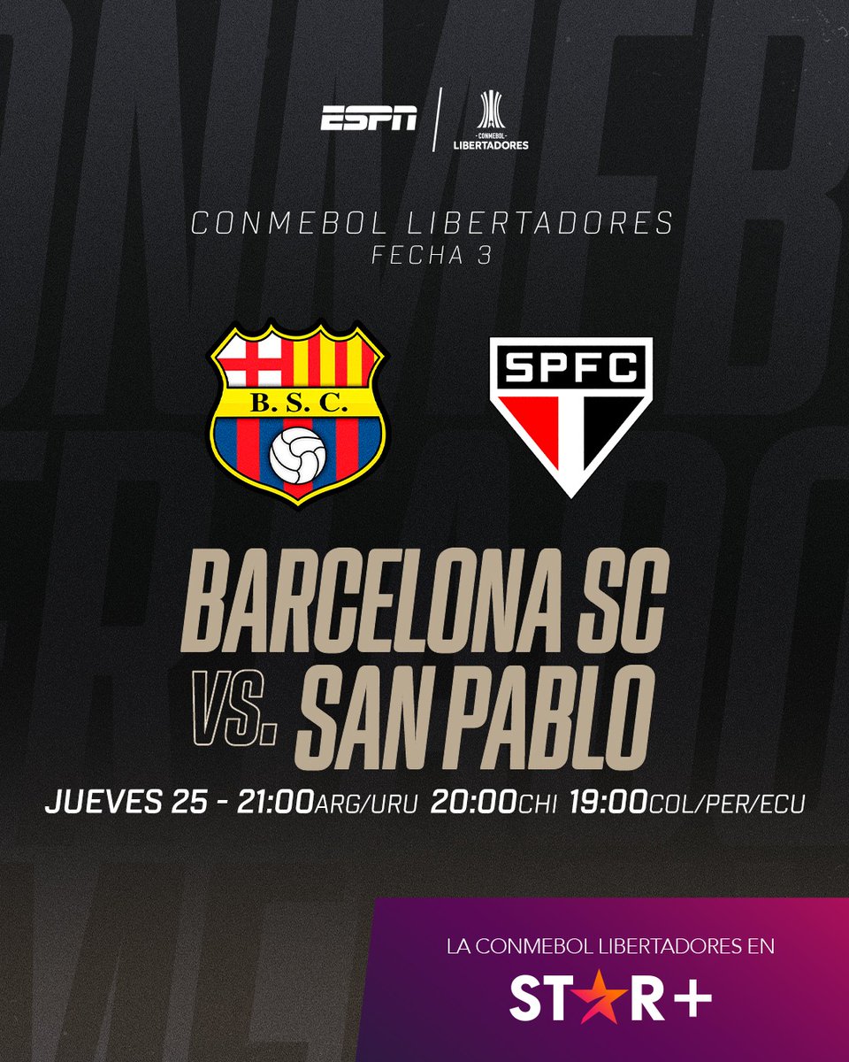 Esta noche tenemos partidazo de CONMEBOL @Libertadores 🔝 🇪🇨 #BarcelonaSC vs #SaoPaulo 🇧🇷 Allí estaremos con @JuanHerbella y @karolinadavilac #ESPN y @StarPlusLA