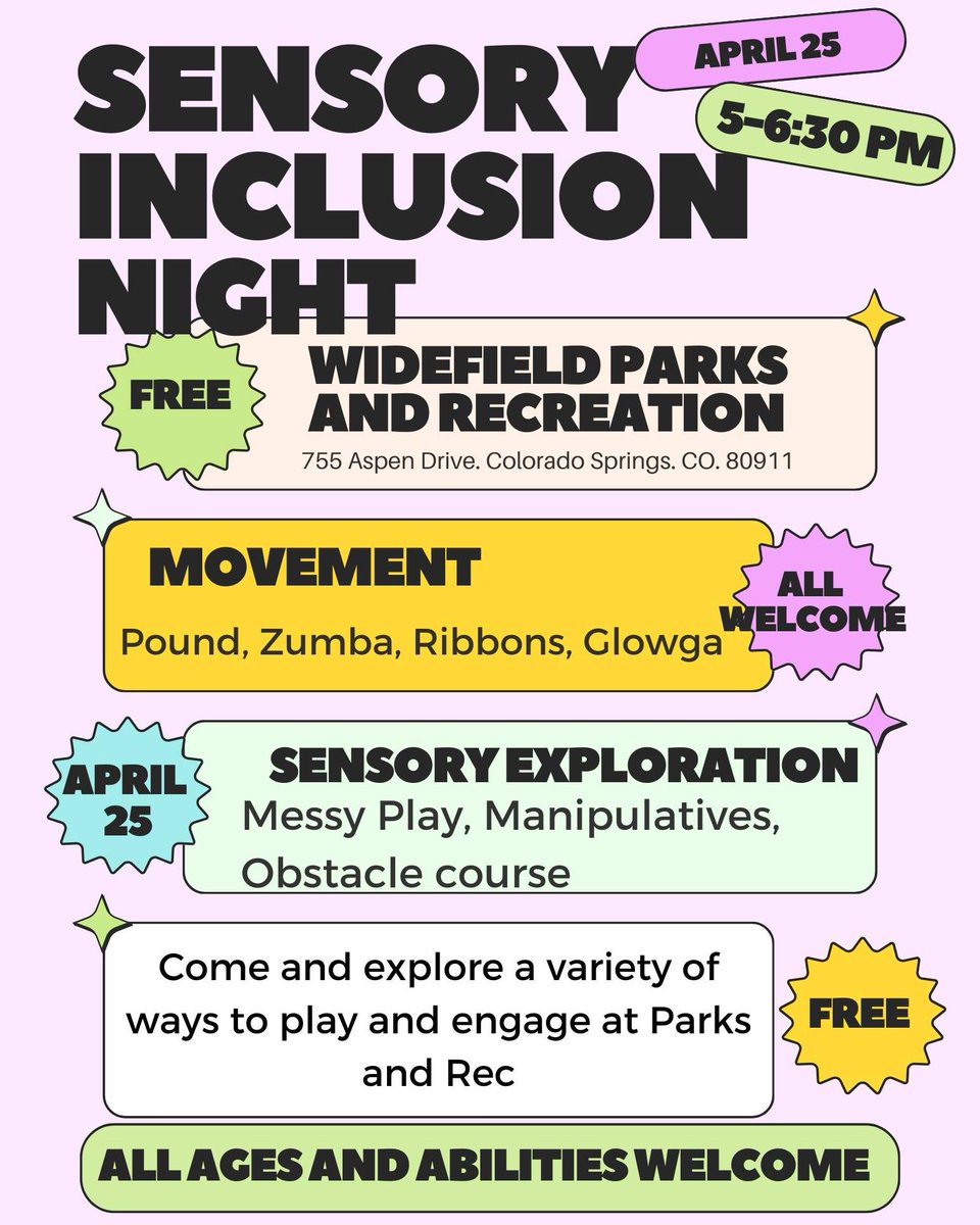 Today! Join @WSD3ParksAndRec for a FREE Sensory Inclusion Night:
755 Aspen Drive, Colorado Springs
5-6:30 p.m.

#InclusionMatters