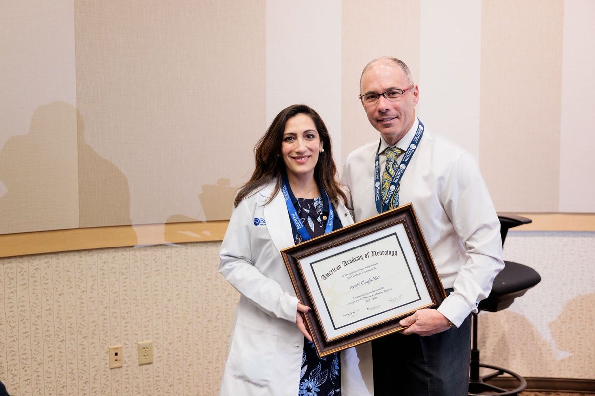 #TBT: Barrow neurologist @AyuSheMD was presented with a graduation certificate by Chair of Neurology Dr. @BradRacette to celebrate her successful completion of @AANmember's highly competitive Practice Leadership Program. She was 1 of 8 participants selected for the 2022-23 cohort