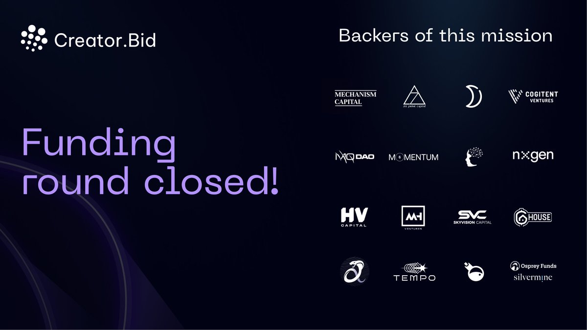 A Significant Milestone for Creator.Bid! We're excited to announce the successful closure of our funding round, backed by leading investors and partners.

This marks a major leap forward in our mission to empower the Creator Economy 3.0 through Creator.Bid…
