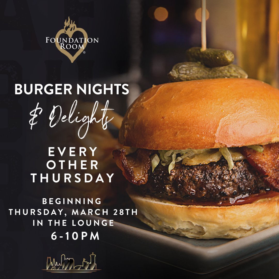 HOBNOLA's tweet photo. Join us for live music 🎶 , DJs, indulge in Burger Nights and Delights 🍔 , and toast up at Fridays at Five in the Foundation Room Lounge 🍹 ! 

RSVP to Lounge event here 🛋️ :  https://t.co/sAgWa9oa24🎫

Dining Room is open ✨ THURS-SAT at 6PM ✨ : https://t.co/HFZojwGNkv https://t.co/oRTTUjtnX7