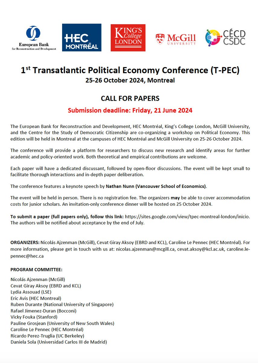 1st Transatlantic Political Economy Conference (T-PEC) in Montreal on October 25-26 this fall! I co-organize with @clpennec and @cevatgirayaksoy and it will be great. Send your papers before June 21: shorturl.at/fhizZ See you in Montreal this year (and in London next)!