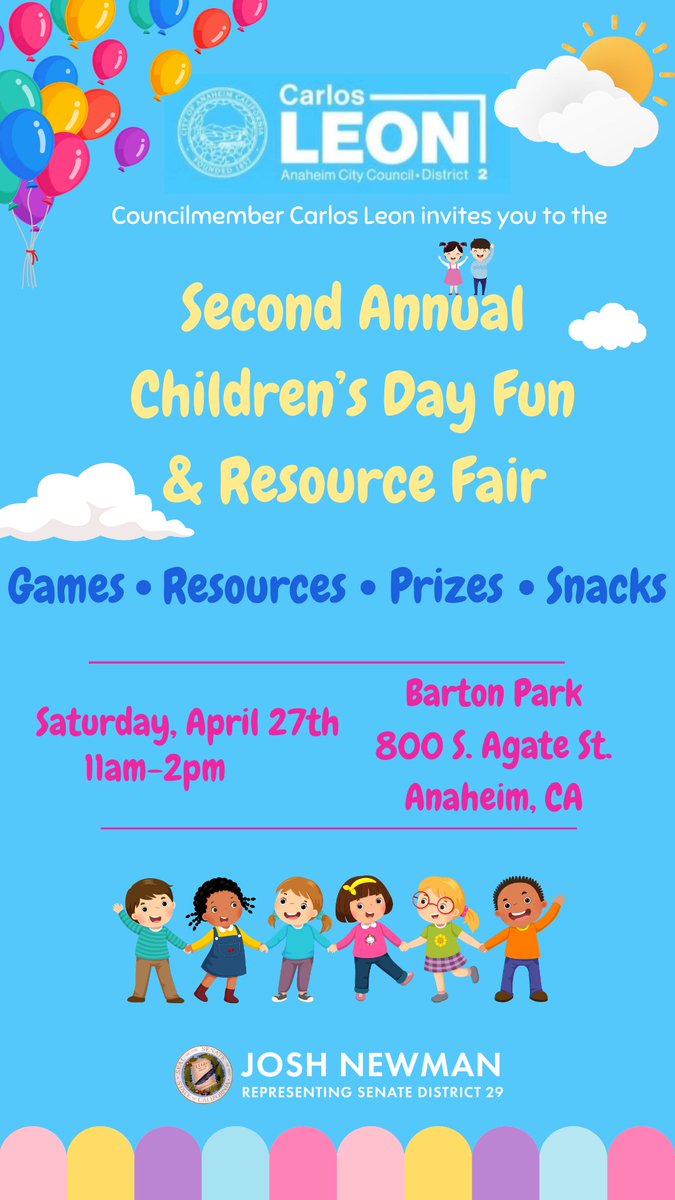 Hey Anaheim! 👋This Saturday is the Day of the Child celebration at Barton Park hosted by Cm. Carlos Leon. The Ice Cream truck will be there, plus games, snacks, resources and prizes! Come out to celebrate Día del Niño and enjoy all the activities! 🍦🎉🤹