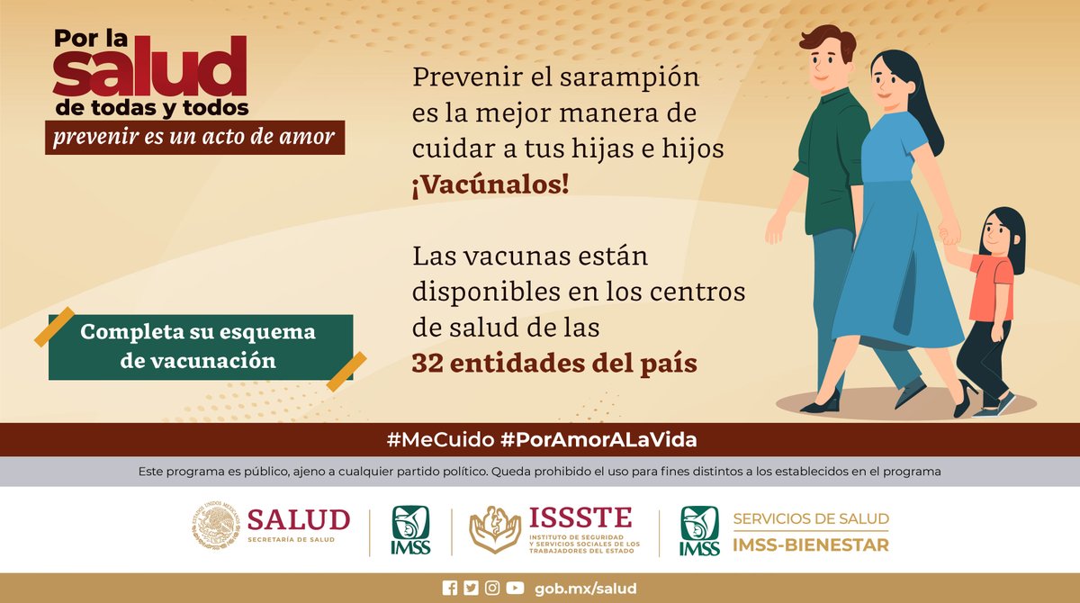 ¡Protege a tus hijas e hijos vacunándolos! 👧🏻👦🏻💉 Recuerda que #PrevenirEsUnActoDeAmor 🤲🏼❤️ ¡Completa su esquema de vacunación! Infórmate en ➡ bit.ly/3VA3fSh #MeCuido #PorAmorALaVida @Tu_IMSS @IMSS_BIENESTAR @ISSSTE_mx @censia_salud