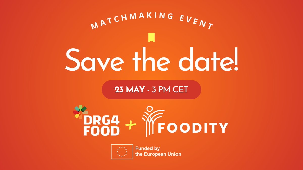#SaveTheDate | 📢 Calling innovative startups, SMEs and researchers eager to make a positive impact on food systems!

🗓 On 23 May, join the joint online #matchmaking event we have organised with #DRG4FOOD.

🔗 Register now: foodity.eu/foodity-drg4fo…

#Data4FoodCluster