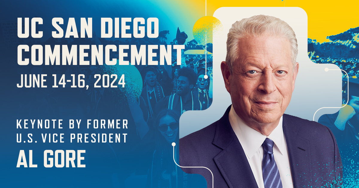 We are excited to announce that climate advocate and former U.S. Vice President Al Gore (@algore) will serve as UC San Diego’s 2024 All Campus Commencement speaker. 🎓 All Campus Commencement will be held on Saturday, June 15, 2024, from 7 p.m. to 9 p.m. commencement.ucsd.edu