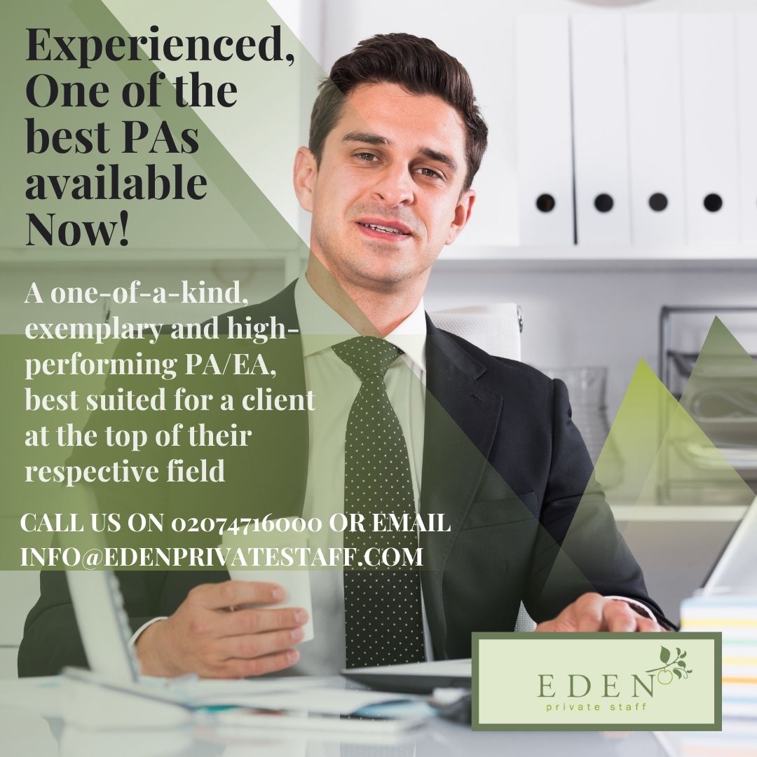 One of a kind Personal Assistant available ASAP please call 02074716000 or email info@edenprivatestaff.com
bit.ly/3UexD3A
#PersonalAssistant #personalassistants #PA #EA #familyoffice #familyoffices #executivepa #privatepa #privateequity #parecruitment #ExecutiveAssistant