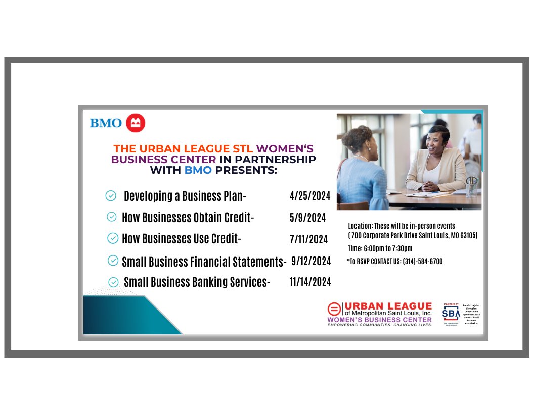 The Urban League Women's Business Center and BMO Bank Present: Developing a Business Plan starts today at 6pm. Click the link to join us today for this amazing workshop. zurl.co/VNY5