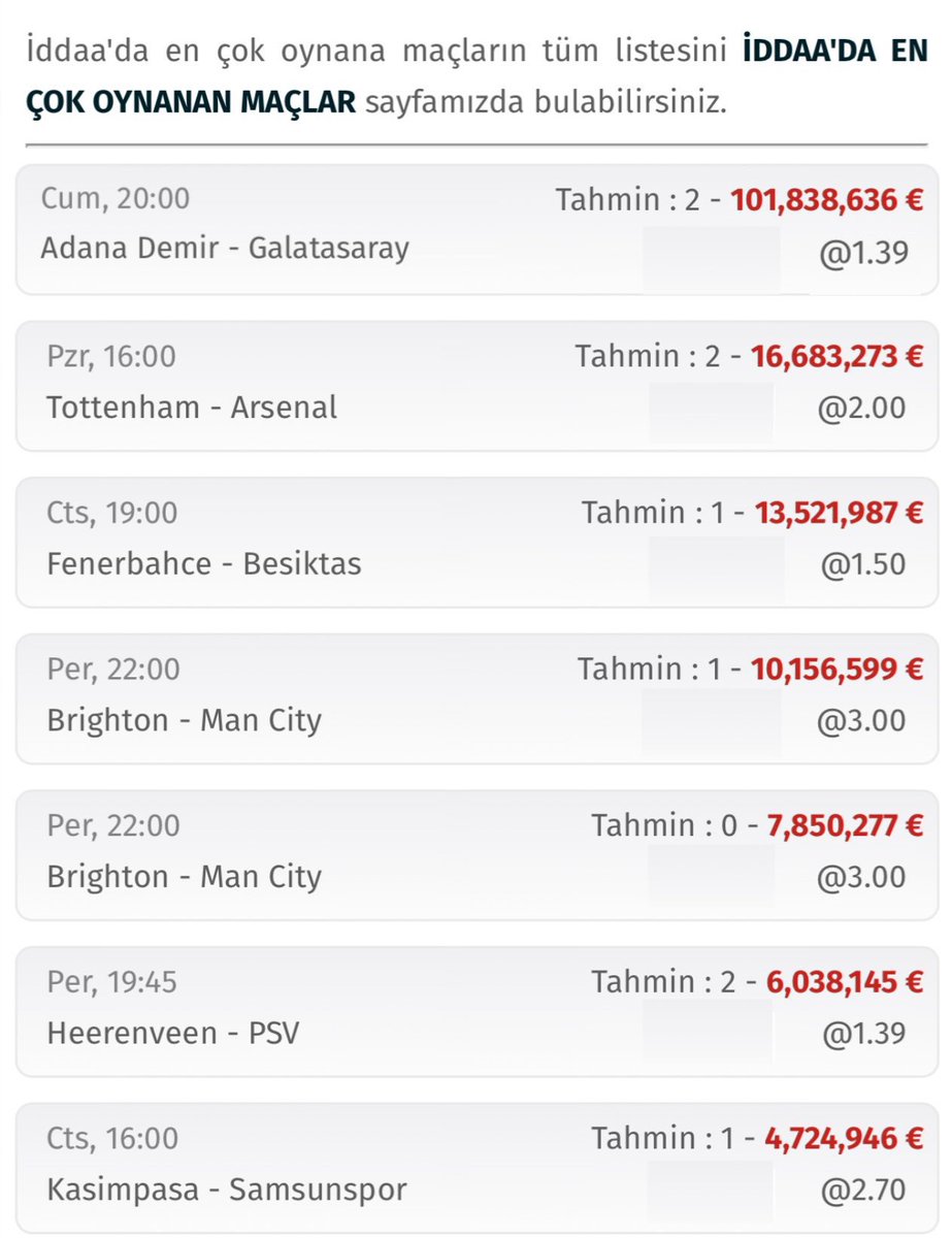 🔥 Avrupa'da en çok bahis alınan maç sıralamasında Adana Demirspor - Galatasaray maçında Galatasaray galibiyeti açık ara farkla 1. sırada.