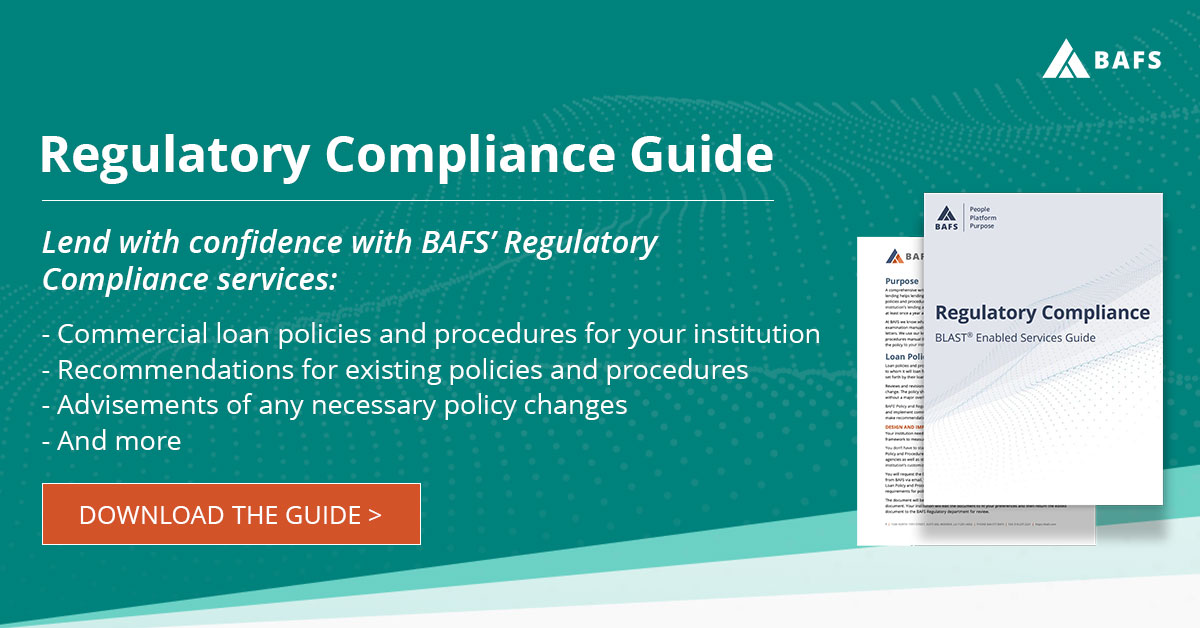 Download our free guide to see how BAFS' Regulatory Compliance services can benefit your institution's commercial lending program: hubs.la/Q02v3l0w0

#CommercialLending #FinancialInstitutions #Banking