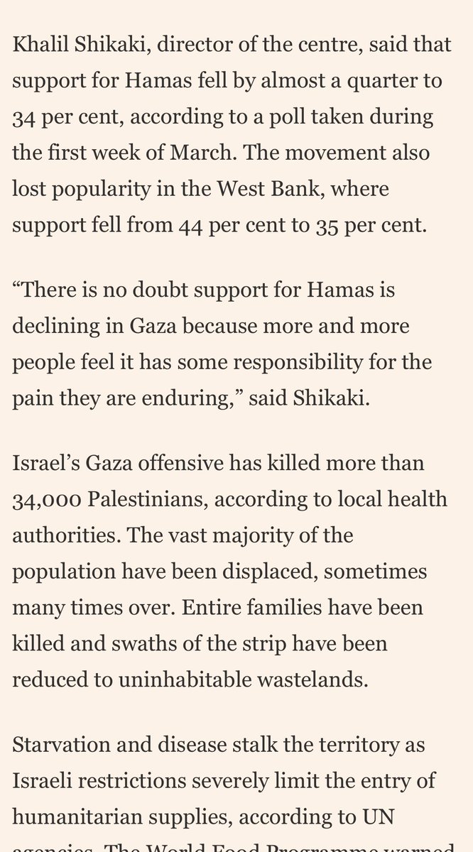RichardHanania's tweet photo. Public opinion in the Middle East works the exact opposite of the way the ceasefire crowd thinks.

Palestinian popularity of Hamas increased right after October 7 when they kidnapped women to rape.

As the war has dragged on and the Palestinians suffer more, the popularity of Hamas has decreased.

People who think Israel can win goodwill by being nice to the Palestinians are deluded.

Victory comes from crushing Palestinian hopes, the way Assad did to the rebellion in Syria. That is the only way.