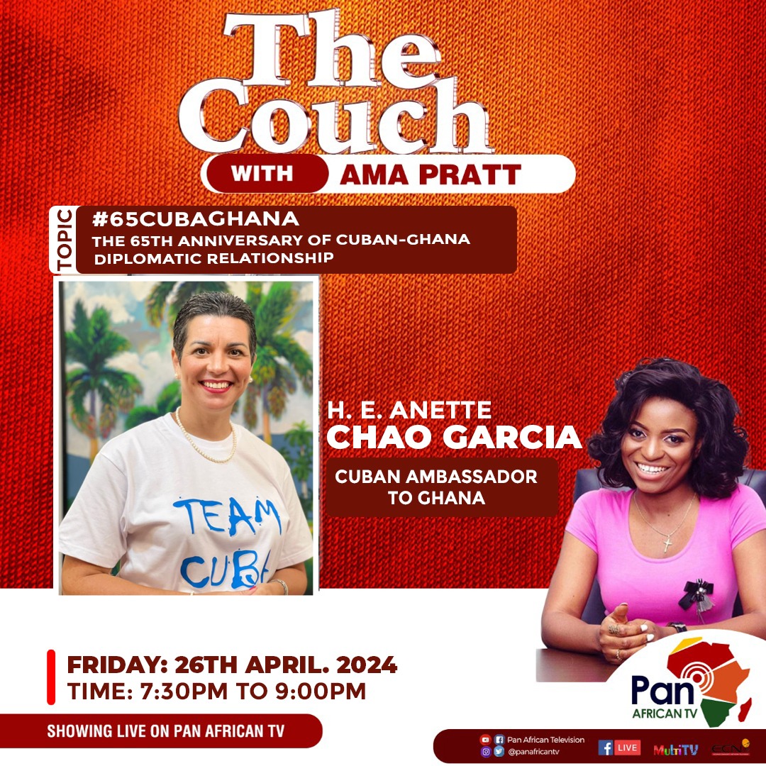 Tomorrow, Cuban Ambassador to #Ghana, @AnetteChGarcia, in The Couch.

Details  about #65CubaGhana 🇨🇺🇬🇭and more.

#CubaGhana